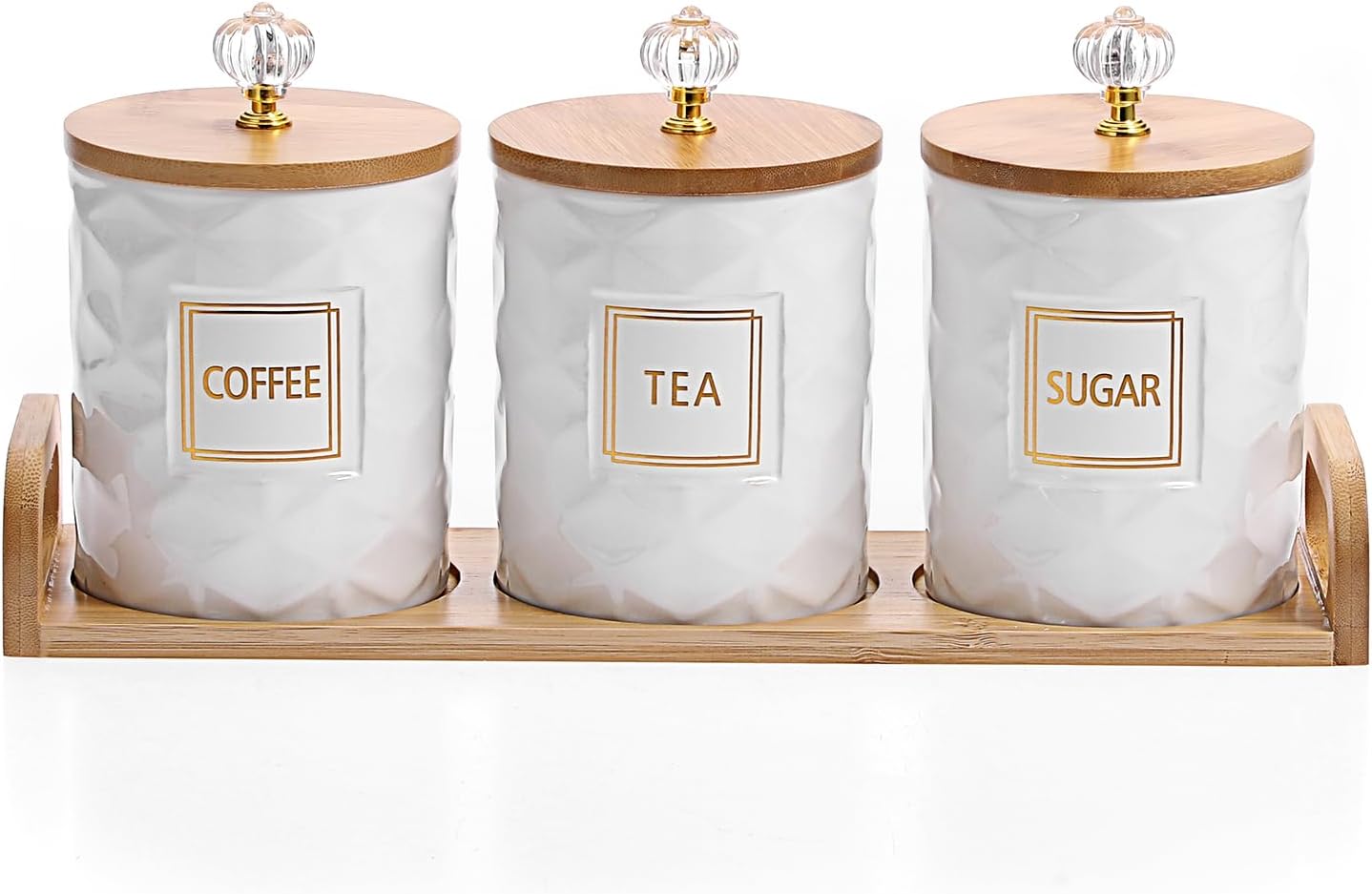 JUXYES Set of 3 Ceramic Canisters Set for Sugar Coffee Tea With Handle Tray, Luxurious Storage Containers Sets with Lids Decorative Storage Pots White Ceramic Storage Jar for Kitchen Dining Counter