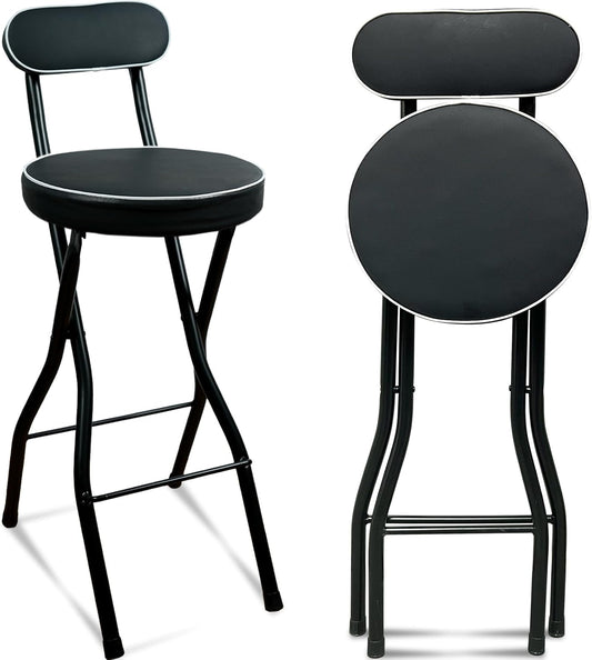 UWEAR 1 PCS Folding Bar Stool with Back, Tall Foldable Stool Leather Padded Portable Stools Counter Height Foldable Stools Chairs Collapsible Stool for Adults Kitchen Island (Black)