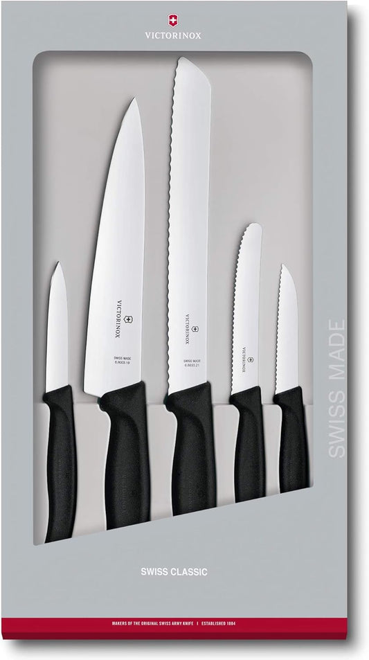 Victorinox Swiss Classic Kitchen Set - Includes Paring Knives, Carving Knife, Bread Knife & More - Premium Kitchen Accessories - Black Handles, 5-Piece Set