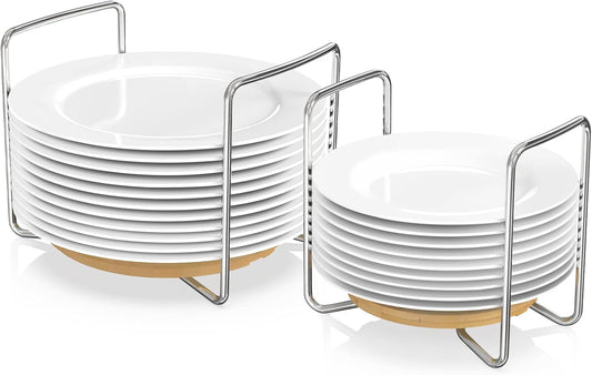 Wisuce Dish Racks for Kitchen Countertop Organizer - Bamboo Plate Holder Adjustable Size | Stainless Steel 304 Portable Handle for Kitchen Drawer Countertop Cupboard Shelf