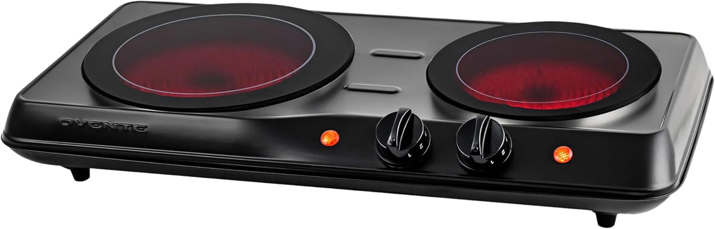 OVENTE Countertop Infrared Double Burner, 1700W Electric Hot Plate and Portable Stove with 7.75" and 6.75" Ceramic Glass Cooktop, 5 Level Temperature Setting and Easy to Clean Base, Black BGI102B