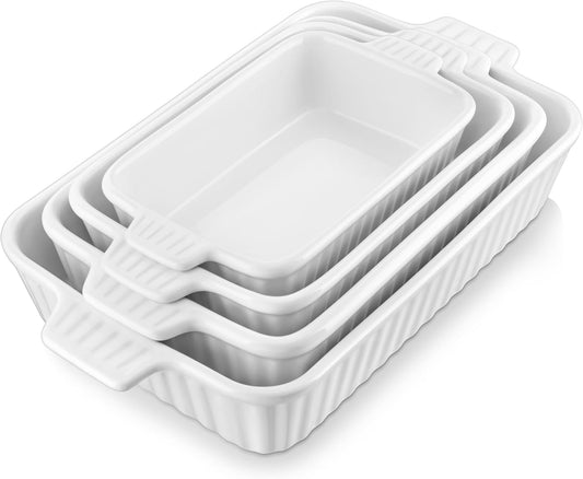 MALACASA Casserole Dishes for Oven, Porcelain Baking Dishes, Ceramic Bakeware Sets of 4, Rectangular Lasagna Pans Deep with Handles for Baking Cake Kitchen, White (9.4"\/11.1"\/12.2"\/14.7"), Series