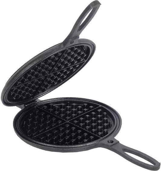 Lehmans Cast Iron Waffle Maker - Two Piece Hinged Non-Electric Waffle Iron for Stovetop or Grill Makes 7 inch Round Waffles - Non-Drip Double Rim - 8 pounds