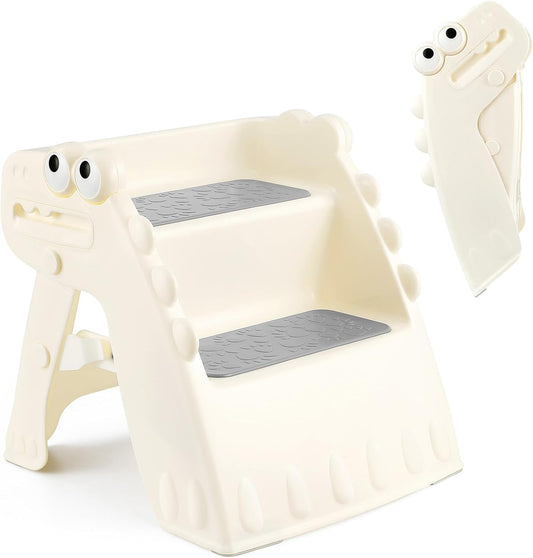 Onasti Toddler Step Stool Foldable Kids Step Stool,Bathroom Stool for Toddlers Non-Slip Toddler Step Stool for Bathroom Sink and Kitchen Counter with Cute Dinosaur Design(White)