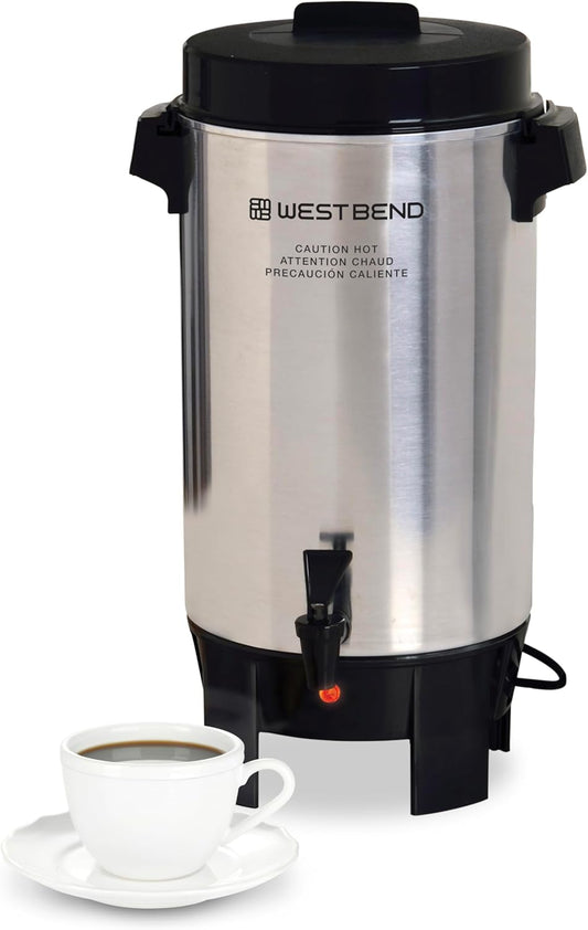 West Bend Coffee Urn Highly-Polished Aluminum Features Automatic Temperature Control with Cup Per Minute Brewing and Easy Clean Up Includes In-Basket Measuring Guide and Ready Light, 42-Cup, Silver