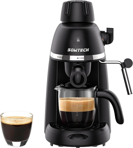 SOWTECH Coffee Machine, 3.5 Bar Espresso Cappuccino Machine with Milk Frother, 1-4 Cup Portable Coffee Maker for Latte, Cappuccino, 800W, Black