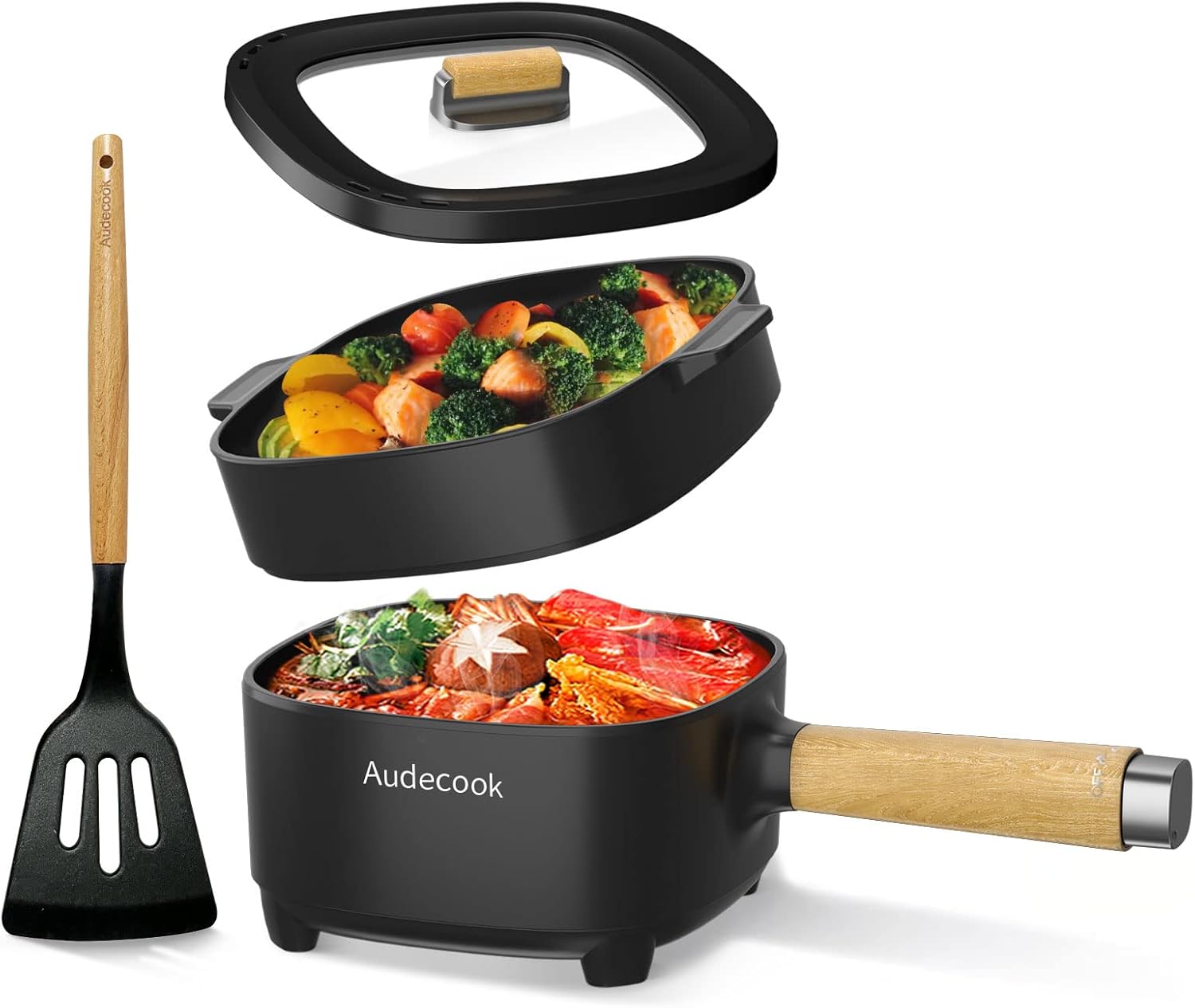 Audecook Hot Pot Electric 2L, Cermic Glaze Non-Stick Frying Pan 8 Inch, Portable Travel Cooker for Ramen\/Steak\/Fried Rice\/Oatmeal\/Soup, with Dual Power Control (Silicone Spatula Included)