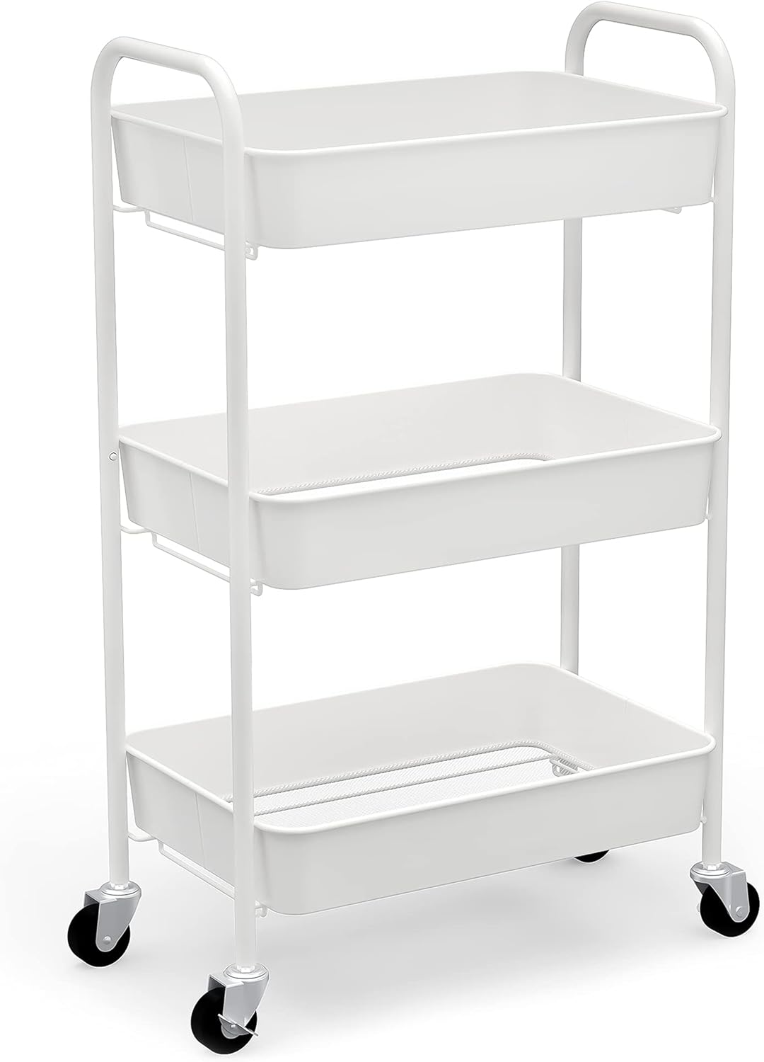 CAXXA 3-Tier Rolling Metal Storage Organizer - Mobile Utility Cart Kitchen Cart with Caster Wheels, White