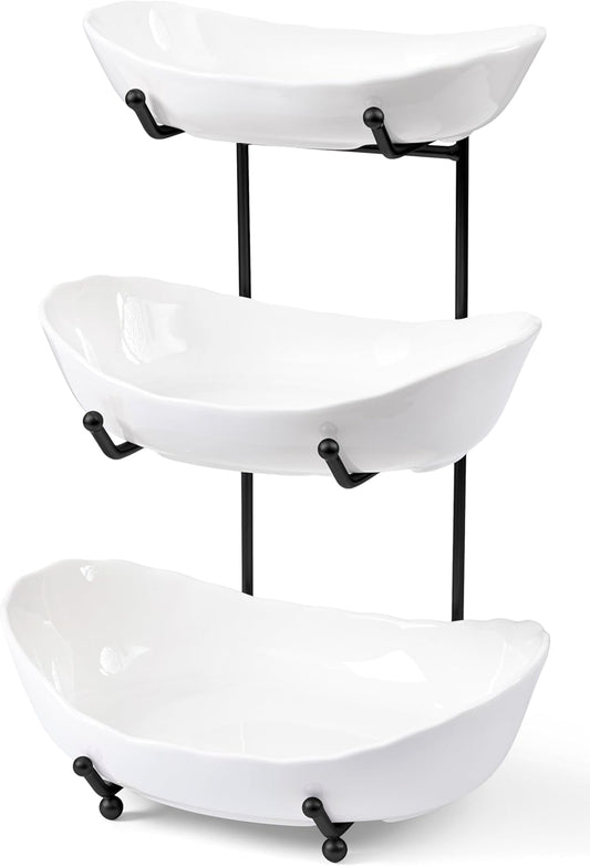 HBlife Fruit Bowl for Kitchen Counter - 3 Tier Ceramic Fruit Rack, Fruit Basket for Fresh Fruit&Veggies, Tiered Fruit Platter Serving Trays for Party