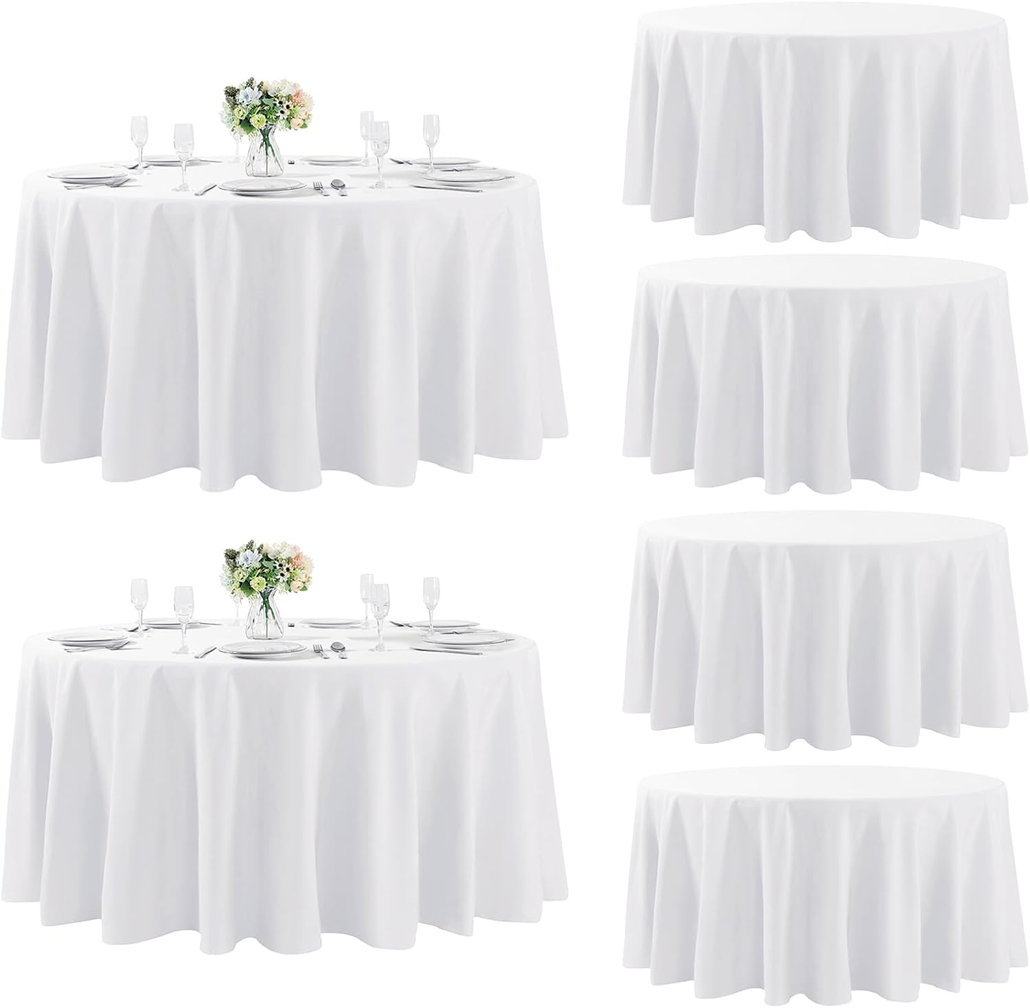 Fokitut 6 Pack Round Tablecloth, 120 Inch, Stain Resistant and Wrinkle Polyester Table Cloth, Fabric Table Cover for Kitchen Dining, Wedding, Party, Holiday Dinner-White