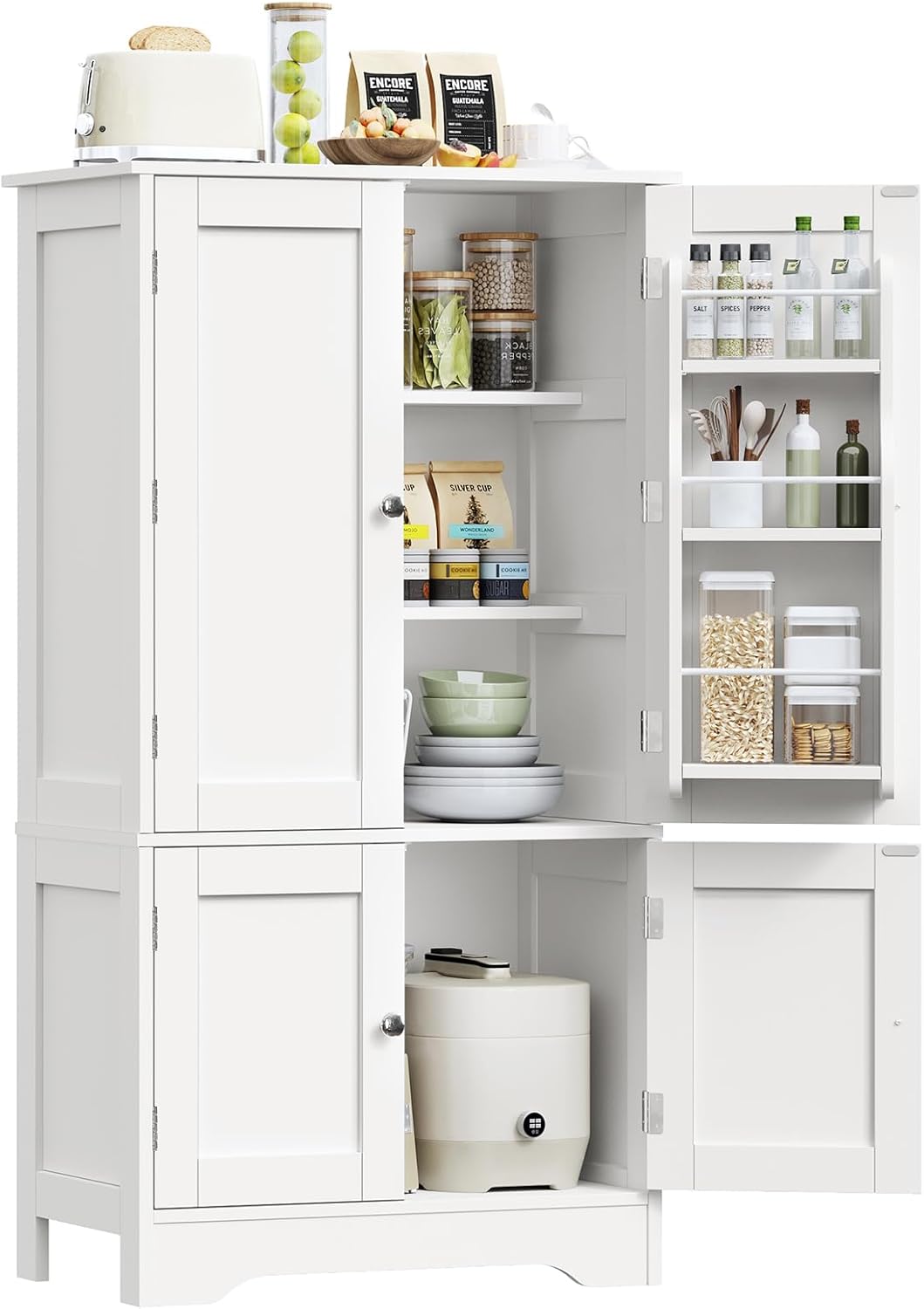 TEENFON 43'H Pantry Cabinet with 4 Doors, Kitchen Cabinet with 6 Door Shelves, Kitchen Pantry for Living Room, Dining Room, Bathroom, White