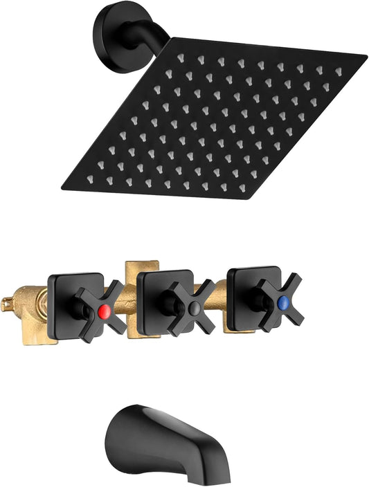 GUOYINDONG 3 Handle Shower Faucet with Tub Spout Matte Black 3 Knobs Bathtub and Shower Faucet Set Three Handles Bath Tub and Shower Trim Kit