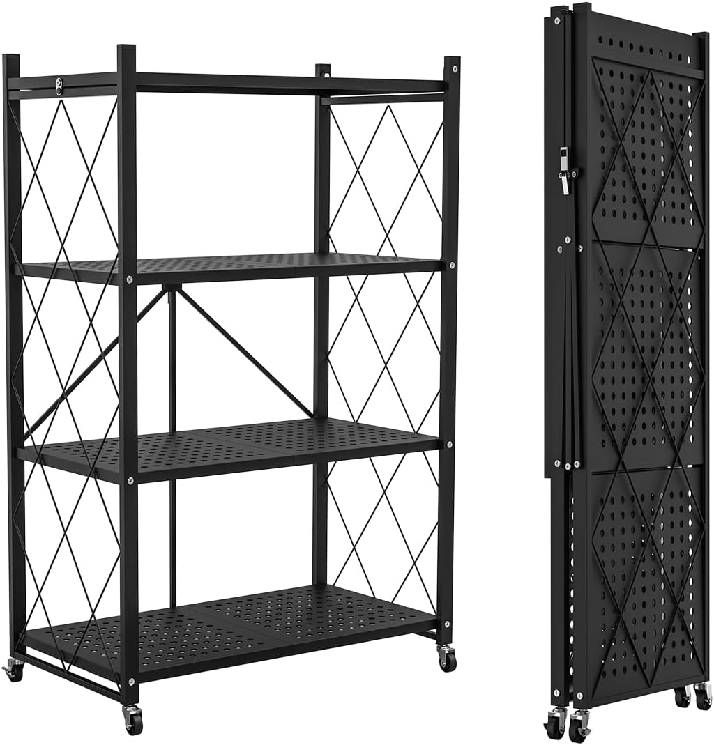Lifetime Home 4-Tier Foldable Storage Shelf with Wheels - Metal Rack Collapsible Shelving Unit Display, Rolling Cart for Books Kitchen Storage Shelves, Pantry & Closet Organizer, Office Room Decor