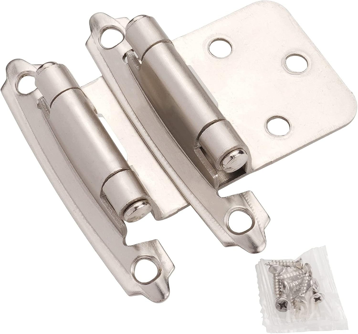 DecoBasics Cabinet Hinges Brushed Nickel for Kitchen Cabinets Doors (25 Pair -50 Pcs) -1\/2" Overlay (Variable) -Self Closing Kitchen Cabinet Hinges Flush Mount w\/Silicon Bumpers & Hardware Screws