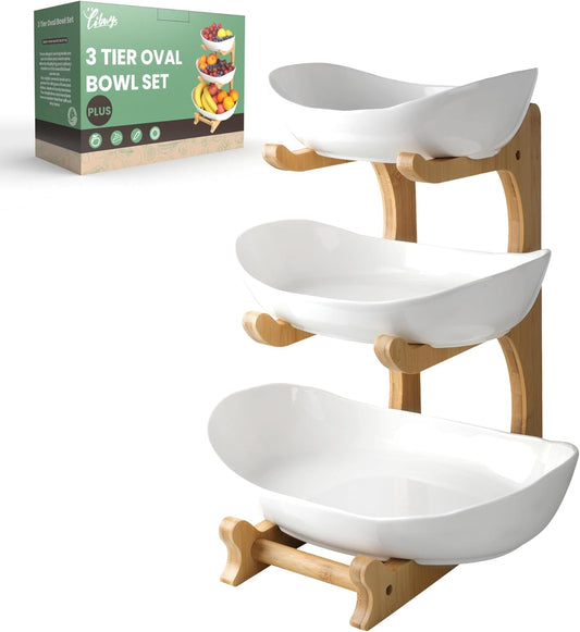 Seven Sparta 3 Tier Fruit Bowl for Kitchen Counter (PLUS Series) \/ Ceramic Serving Bowls with Bamboo Stand\/Big Size Tiered Fruit Basket for Fruit Vegetable Storage, Dessert, Salad Buffet Server
