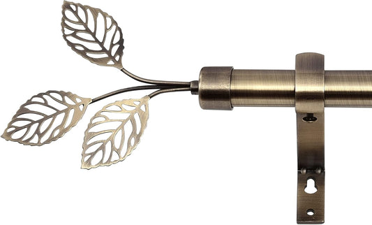 RYB HOME Brass Curtain Rod 1 Inch Diameter with Vivid Leaf Finials Telescoping Single Rod for Kitchen Living Room Bedroom Window Adjustable Length from 48 to 86 Inch, Antique Brass