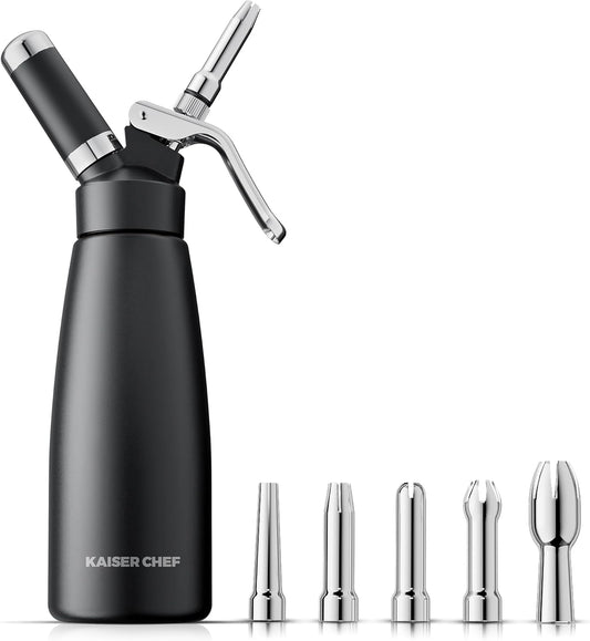 Professional Aluminum Whipped Cream Dispenser - 500 mL\/1 Pint,Leak-Free Whipped Cream Maker Canister with 5 Decorating Nozzles & Cleaning Brush - N2O Chargers (Not Included) (Black, 500ml)