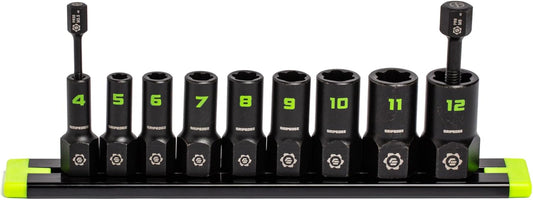 GRIPEDGE Tools | 9-PC - 1/4'' Drive Metric RPT Socket Extractor Set | Sizes 4 – 12 MM | Removes Broken Studs, Stripped Bolts and Lug Nuts | Includes Premium Aluminum Socket Rail|