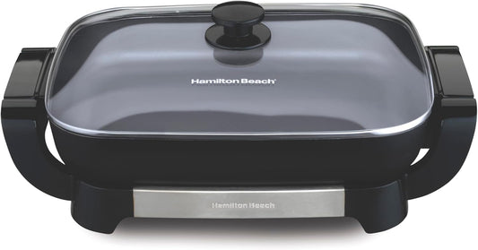 Hamilton Beach Electric Skillet with PFAS-Free Durathon Ceramic Coating, Removable 12x15\u201D Pan, Adjustable Temperature, Reversible Design, Tempered Glass Lid, Black Nonstick Surface (38531)