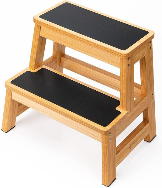 StrongTek Wood Step Stool for Adults and Kids, 17 Inch Tall, Non-Slip Step Surface, Heavy Duty, Two Step for Kitchen, Bed, Bathroom, 500 lbs Capacity
