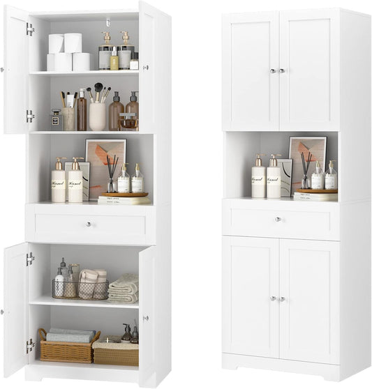Tall Bathroom Storage Cabinets with Drawer, Modern Linen Cabinet with Doors & Shelves, 67"H Tall Storage Cabinet Freestanding for Bathroom, Living Room, Kitchen & Pantry, Laundry, Narrow Corner, White
