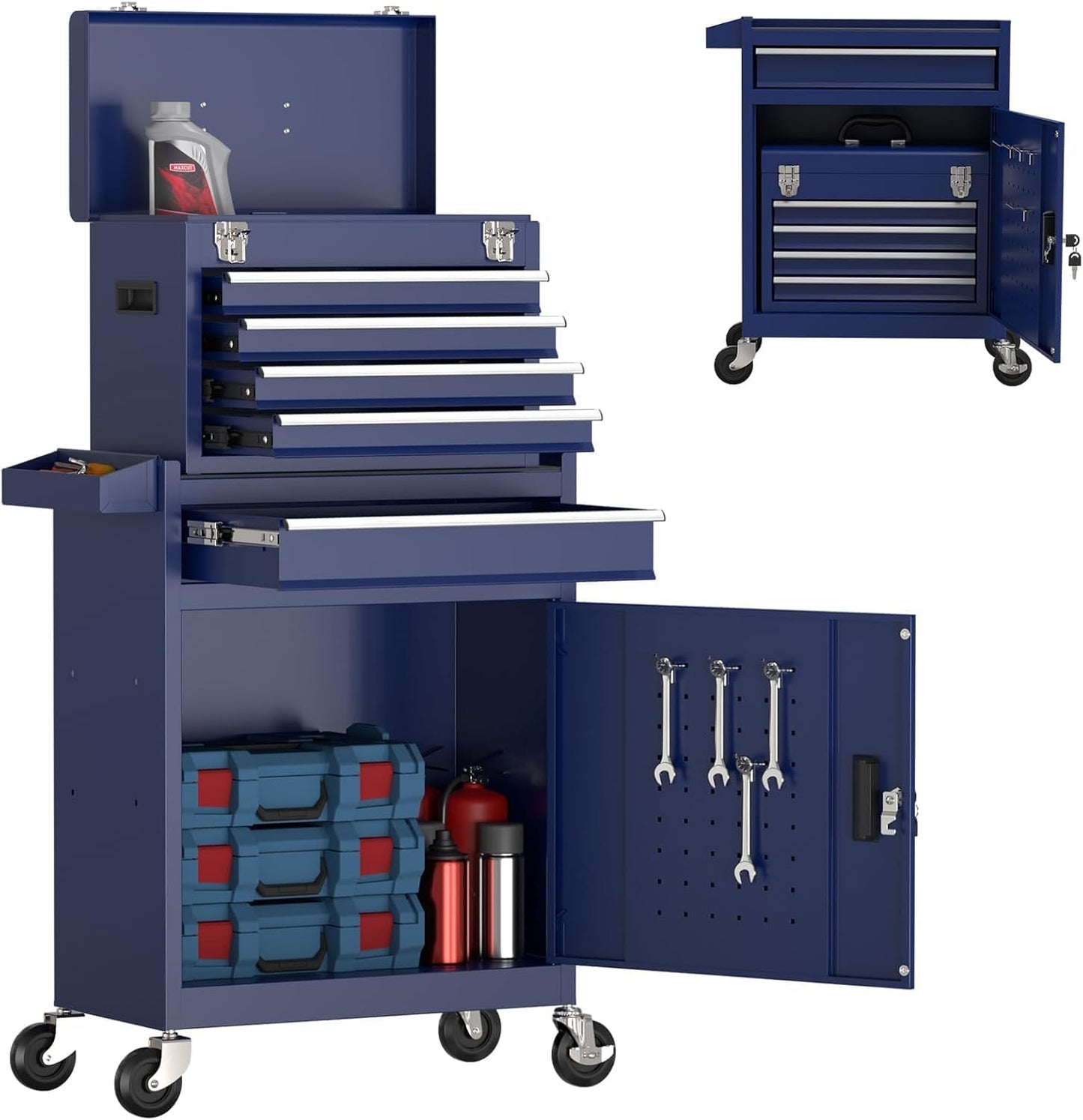 5-Drawer Rolling Tool Chest, High Capacity Removable Tool Storage Cabinet, Detachable Toolbox with Lock for Garage Warehouse and Tool Room(Blue)