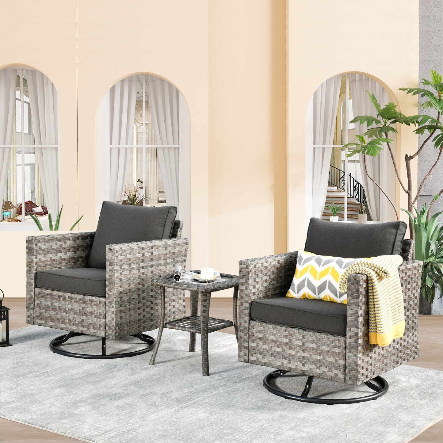 Ovios Shine Set of 2 Rattan Gray Swivel rocker Rocking Chair with Black Cushioned Seat