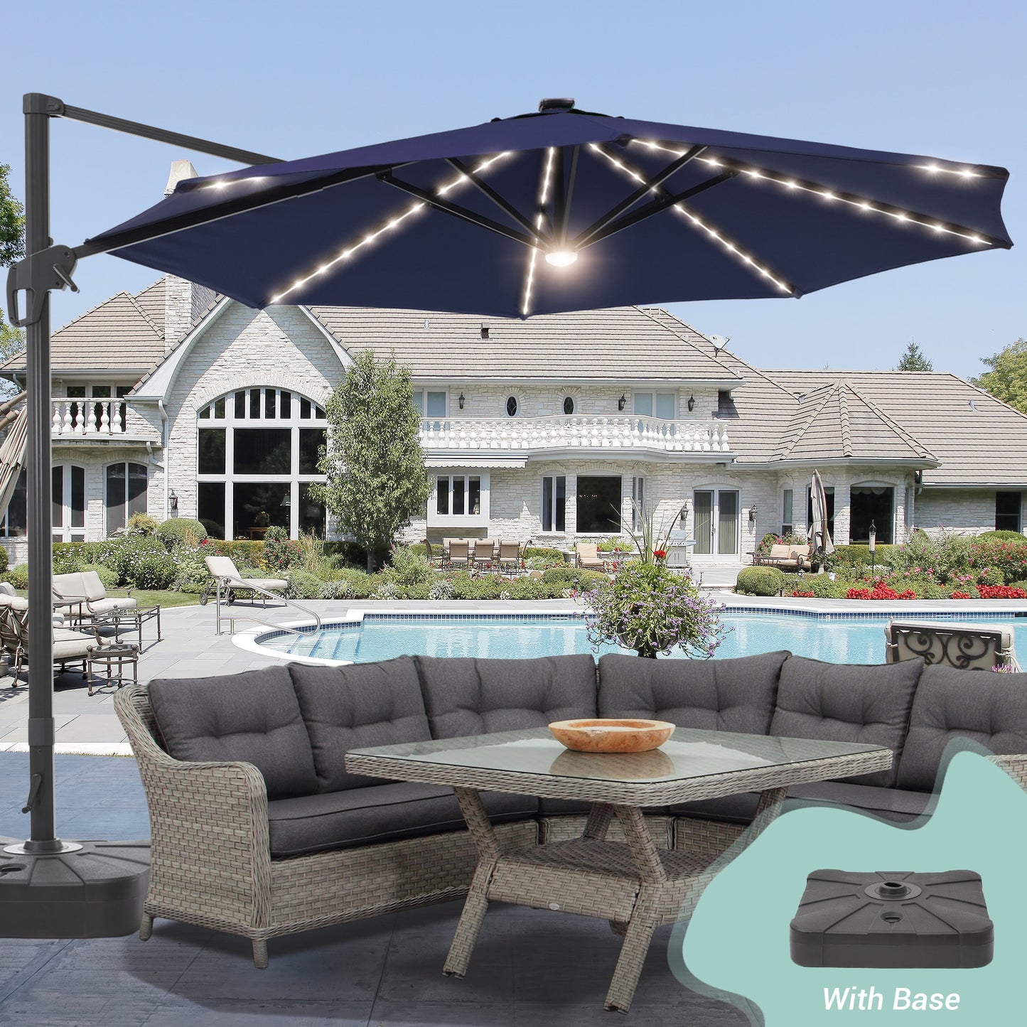 ACEGOSES 11-ft Aluminum Navy No-tilt Cantilever Patio Umbrella with Lights with Base