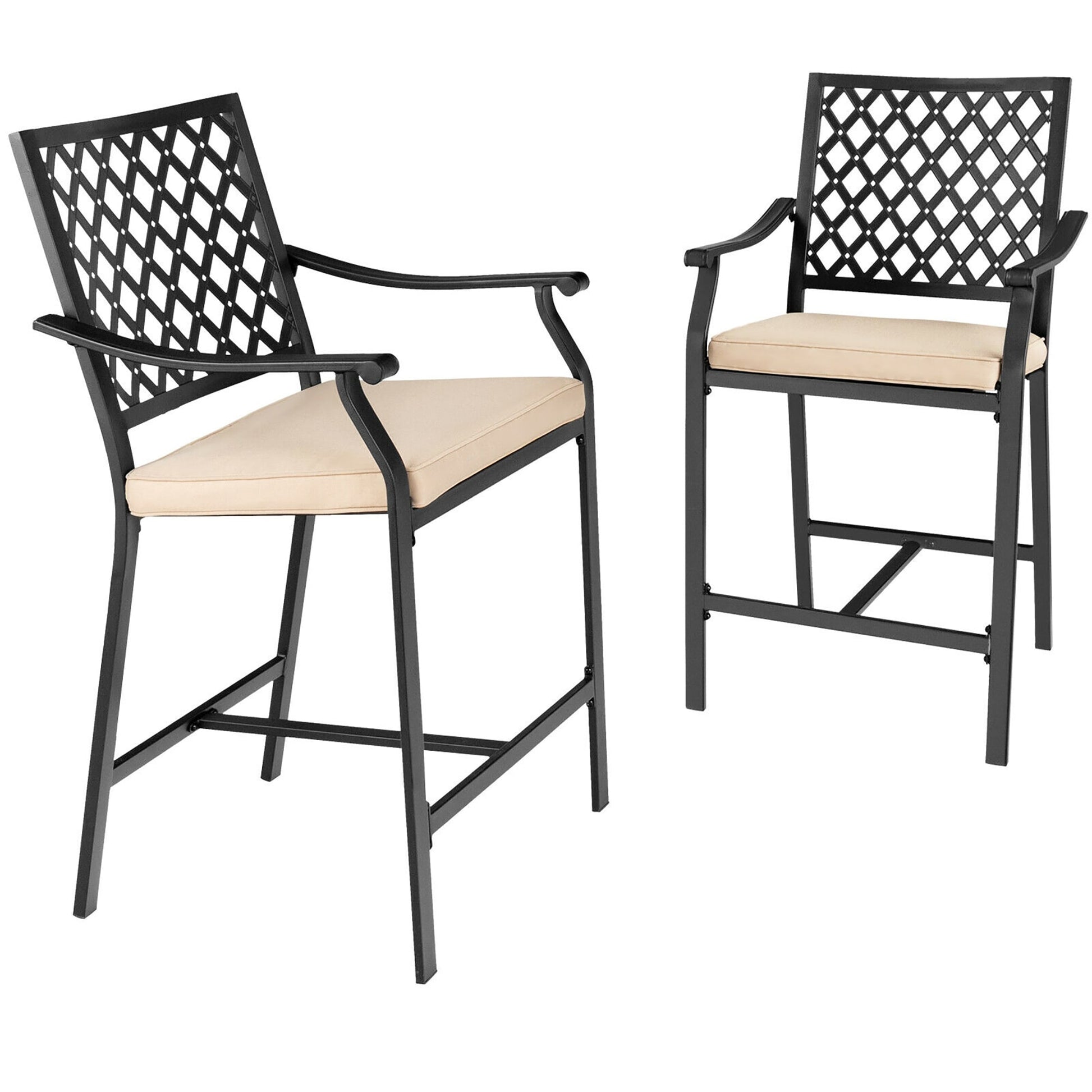 BABOOM Patio Bar Stool Set of 2 Black Steel Frame Stationary Bar Stool Chair with Brown Cushioned Seat