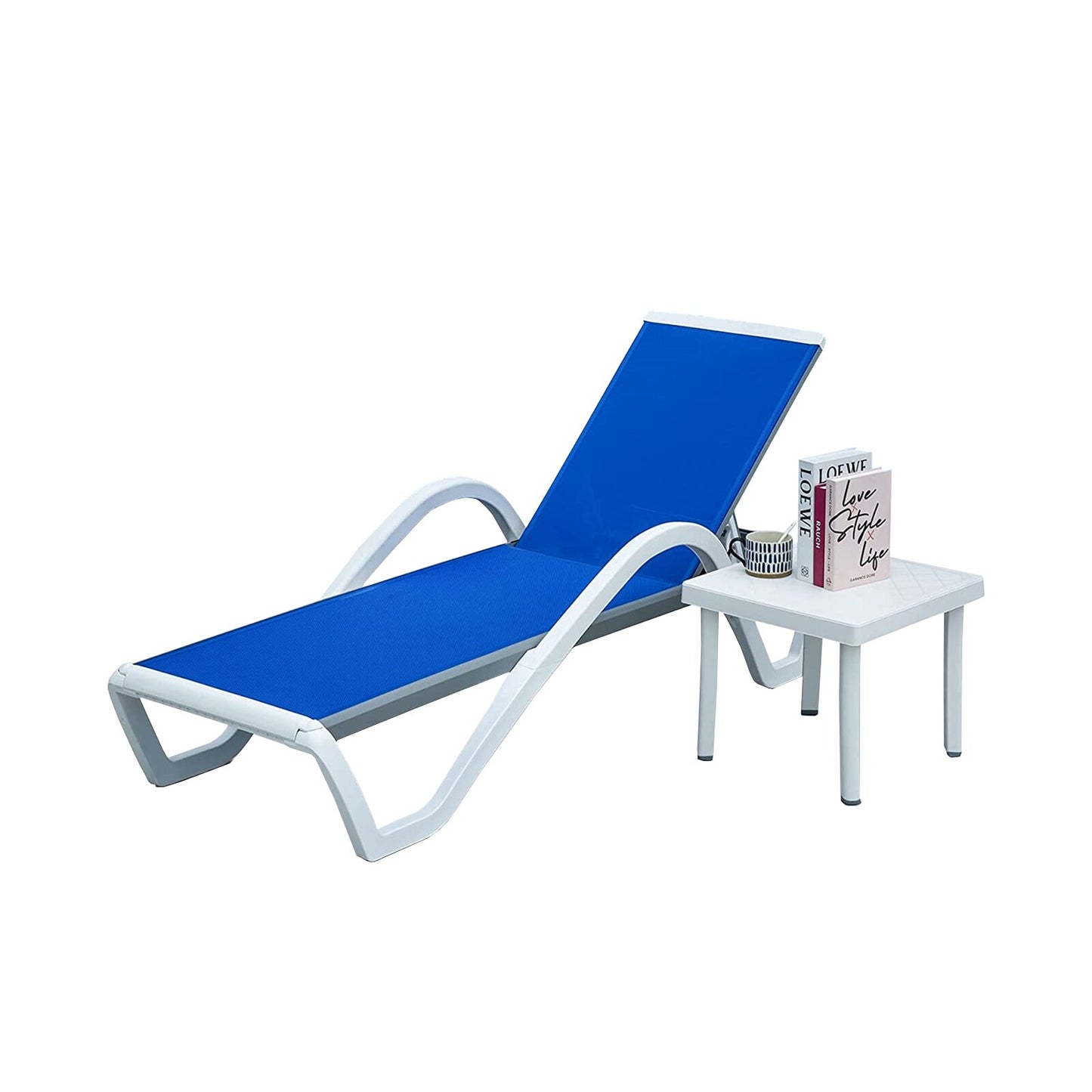 Flynama Stackable Gray Aluminum Frame Stationary Chaise Lounge Chair with Blue Sling Seat