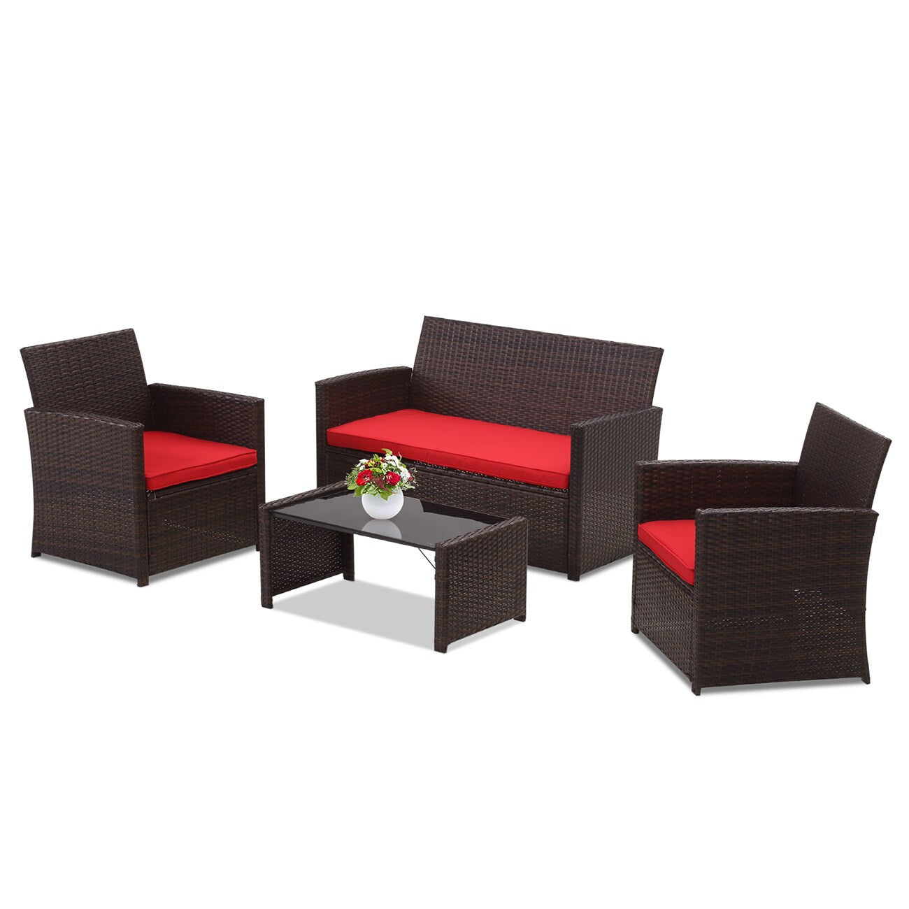 Ainfox Patio Conversation Sets 4 -Piece Rattan 2 Patio Sofa Conversation Set with Red Cushions