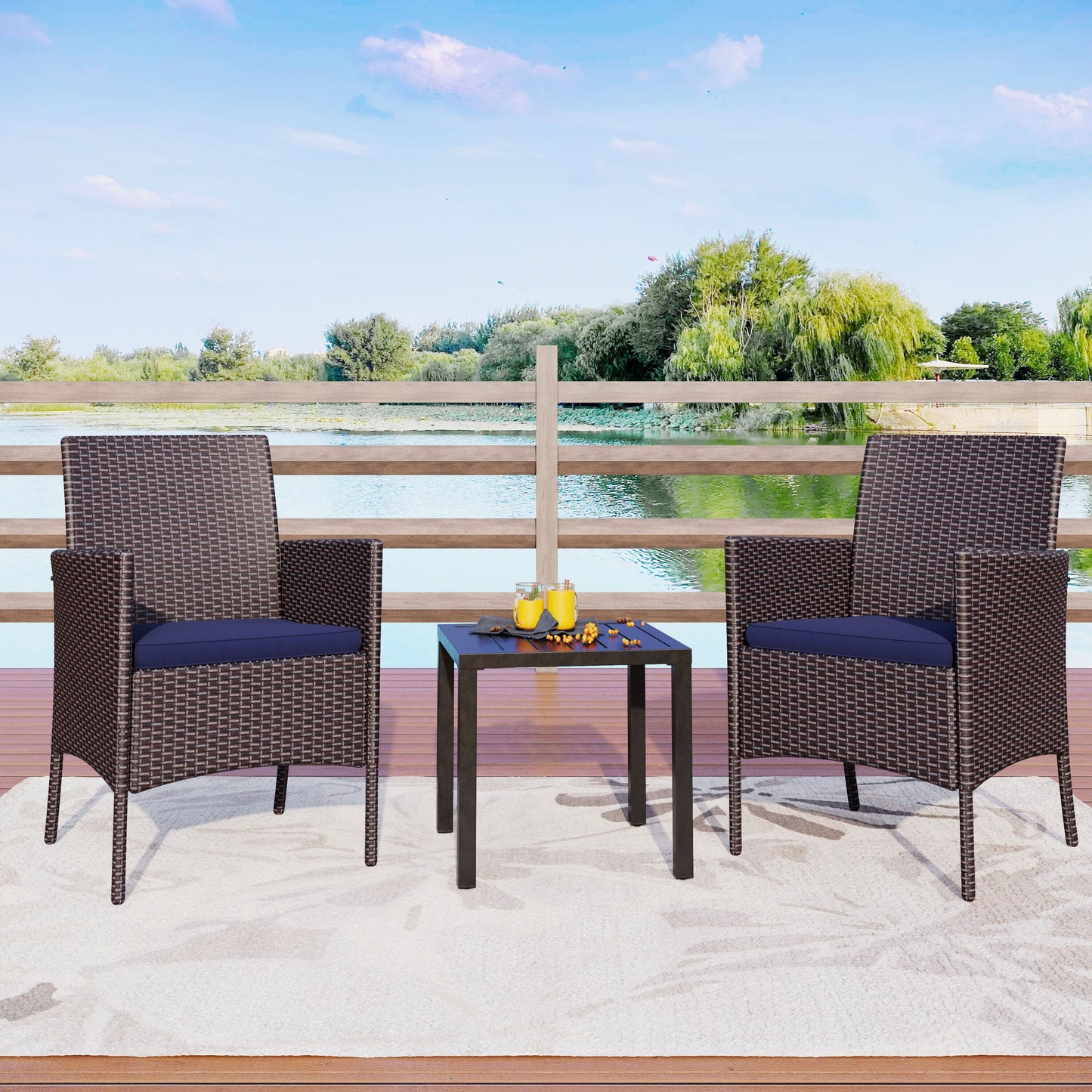 Sunshine Valley Outdoor Table and Chairs 3 -Piece Black Rattan Patio Dining Set Steel Square Table with 2 Blue Cushions Stationary Chairs