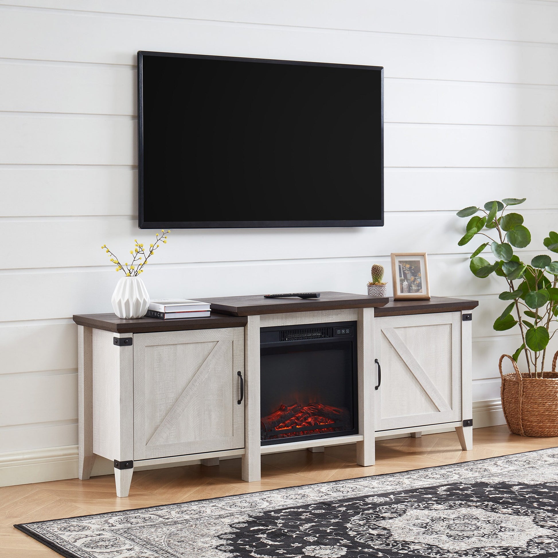 Clihome 63-in W Gray TV Stand with Fan-forced Electric Fireplace CL-WMTVS015-WHI-F018