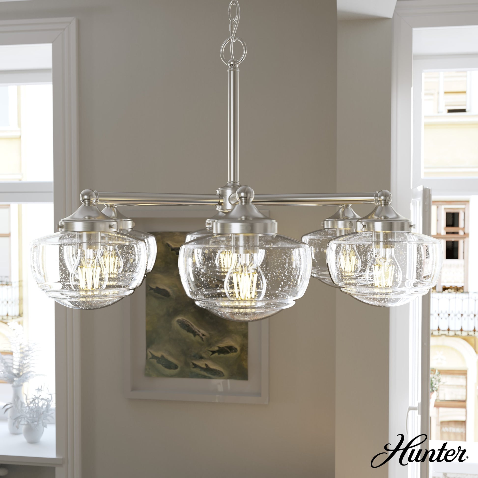 Hunter Saddle Creek 6 -Light Brushed Nickel Transitional For Use in Bedrooms, Dining Rooms, Foyers, Kitchens, Living Rooms Chandelier 5228365