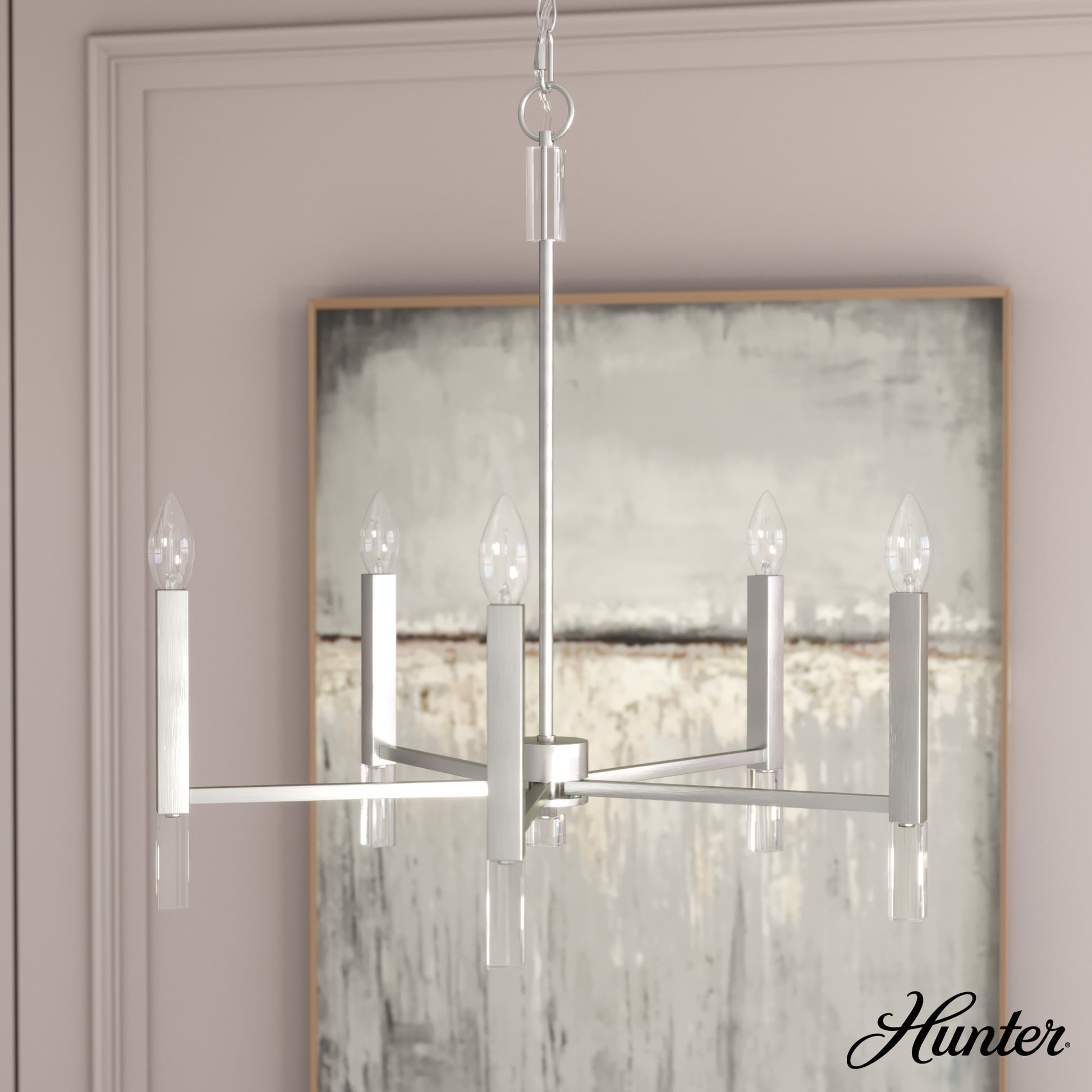 Hunter Sunjai 5 -Light Brushed Nickel Modern/contemporary Bare bulb For Use in Bedrooms, Dining Rooms, Foyers, Kitchens, Living Rooms Chandelier 5228396