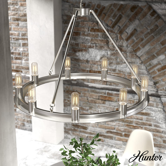 Hunter Saddlewood 9 -Light Brushed Nickel Transitional Bare bulb For Use in Bedrooms, Dining Rooms, Foyers, Kitchens, Living Rooms Chandelier 5193821
