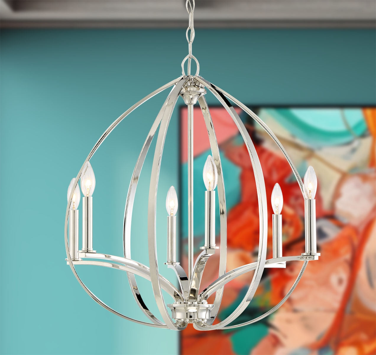 Minka Lavery Tilbury 6 -Light Polished Nickel Transitional Cage For Use in Bedrooms, Dining Rooms, Foyers, Kitchens, Living Rooms Chandelier 1664538