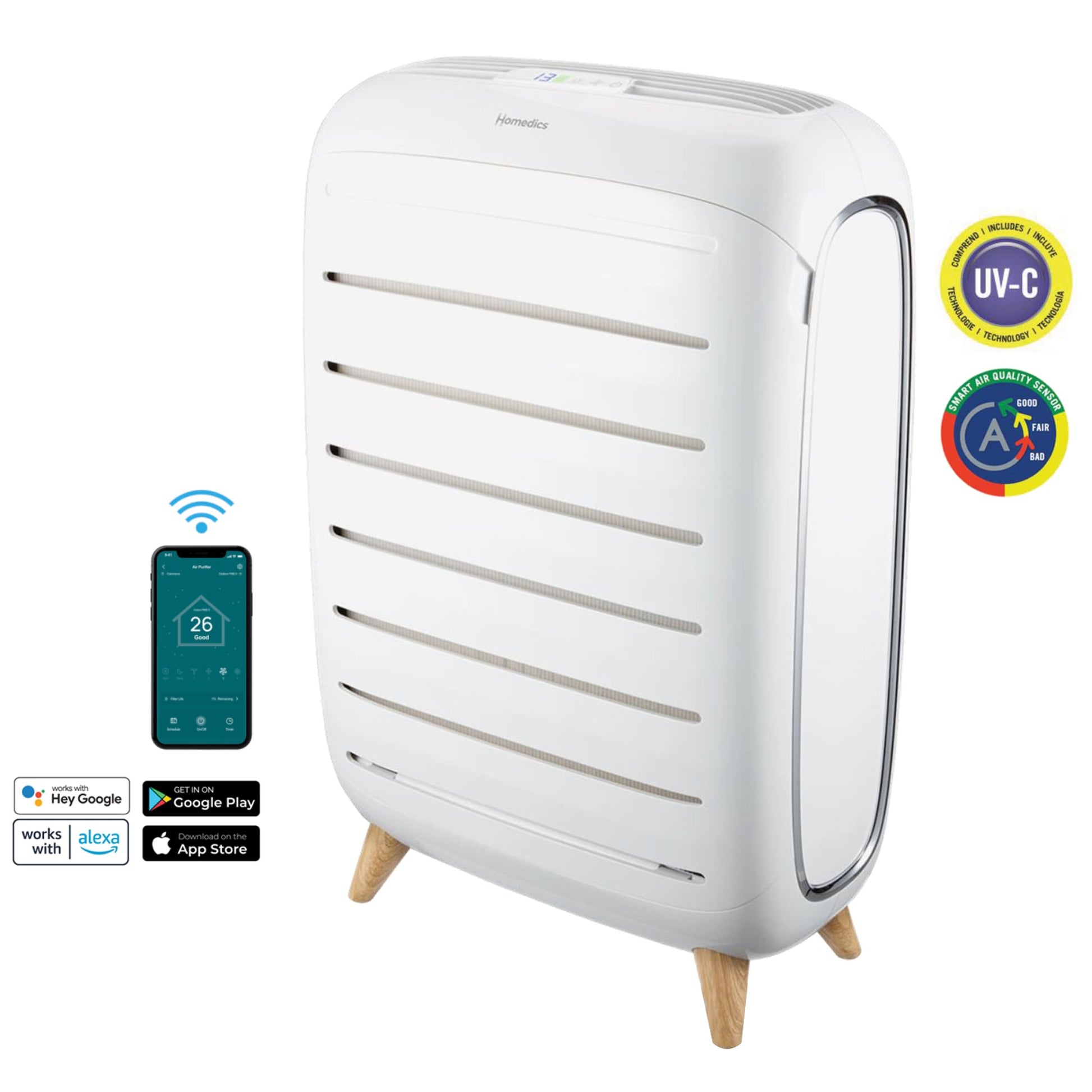 HOMEDICS Smart Wi-Fi Series with Air Quality Sensor 5-Speed Ionic Smart White True HEPA and Uv Air Purifier ENERGY STAR (Covers: 553-sq ft) AP-C500