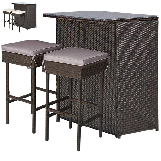 WELLFOR 3 -Piece Brown Rattan Bar Height Patio Dining Set Rattan Rectangle Table with 2 Gray Cushions Stationary Chairs
