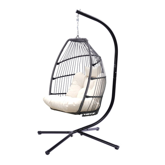 Maocao Hoom Wicker Black Steel Frame Stationary Egg Chair with White Sling Seat