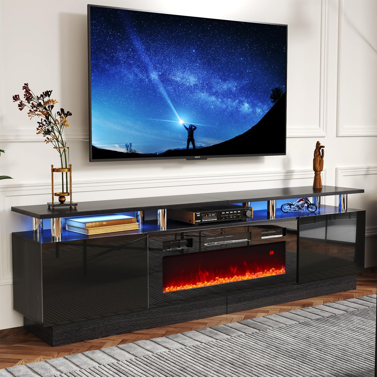 AOXUN 70-in W Black TV Stand with LED Electric Fireplace H21011BR+H20017