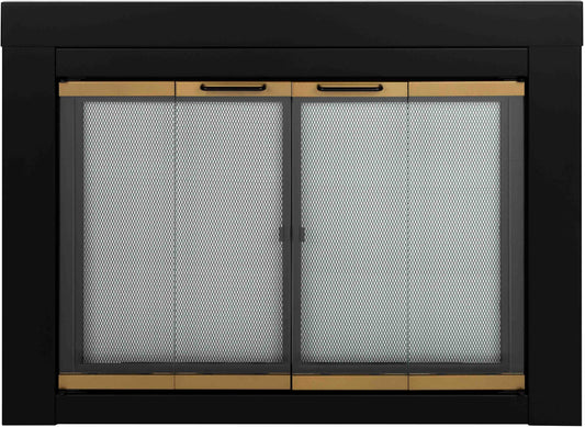 Pleasant Hearth Arrington Black with Moonlight Gold Trim Small Bifold Fireplace Doors with Clear Tempered Glass AR-1020