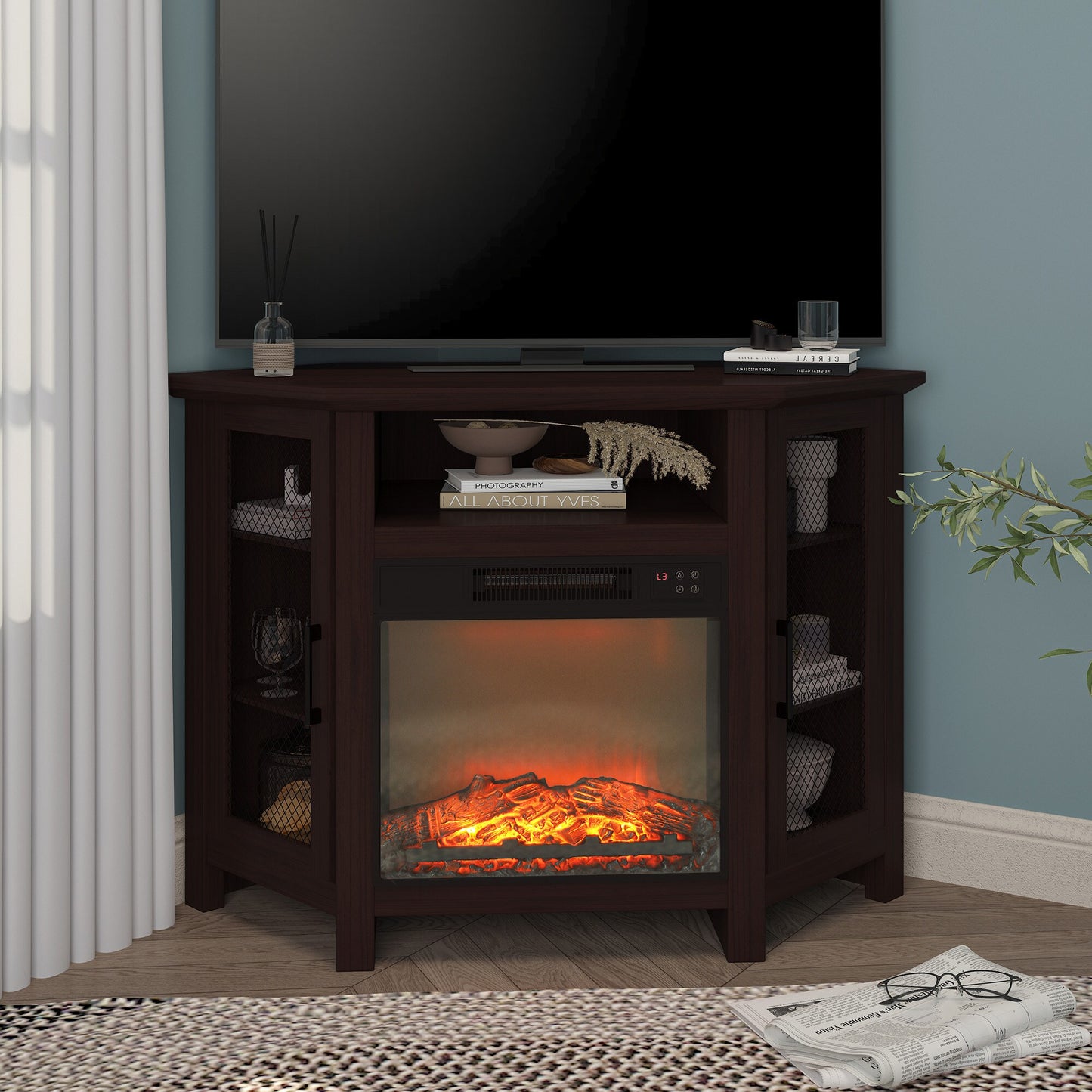 CASAINC 44.45-in W Brown TV Stand with Fan-forced Electric Fireplace CA-TVS050-RSO