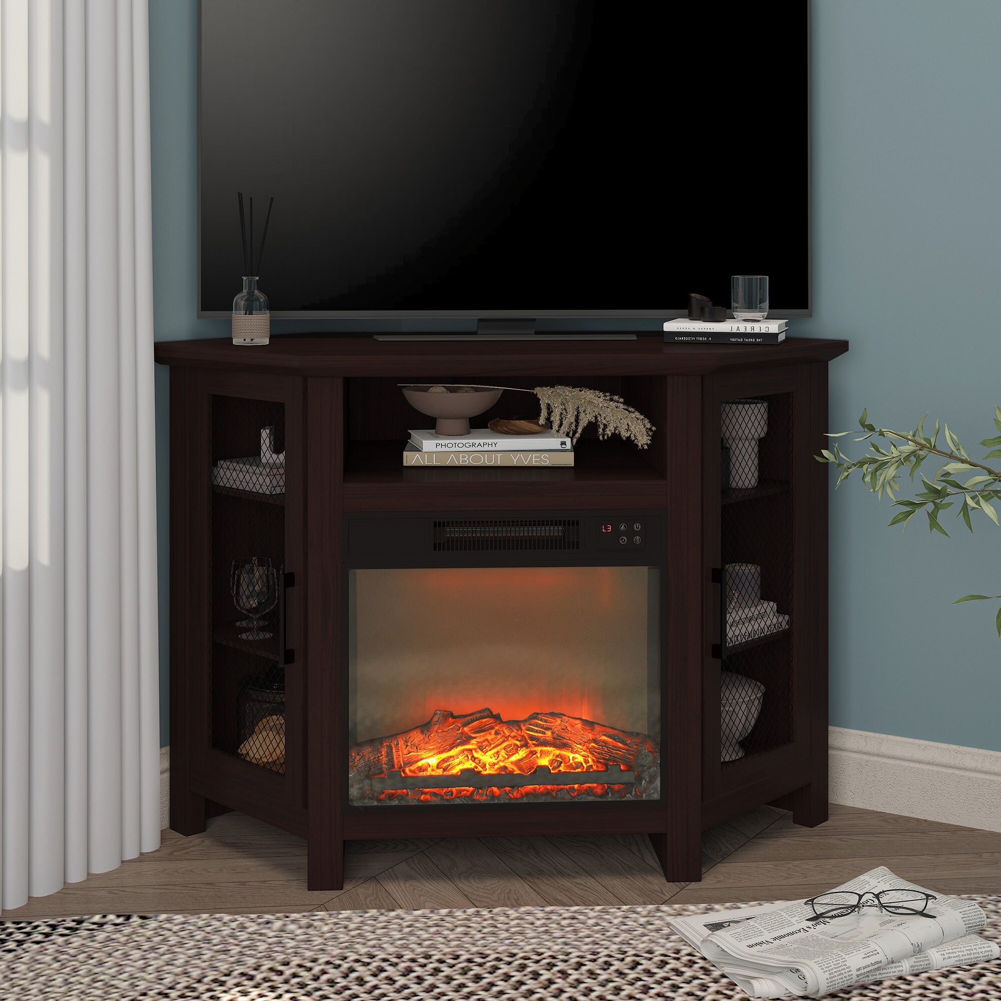 CASAINC 44.45-in W Brown TV Stand with Fan-forced Electric Fireplace CA-TVS050-RSO