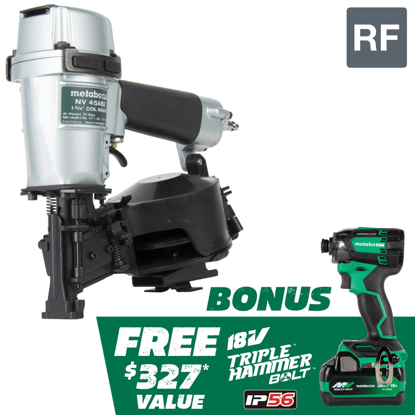Metabo HPT BONUS 18V Triple Hammer Bolt Impact Driver and 1.75-in 15-Degree Pneumatic Roofing Nailer (Battery &amp; Charger Included) KNV45AB2