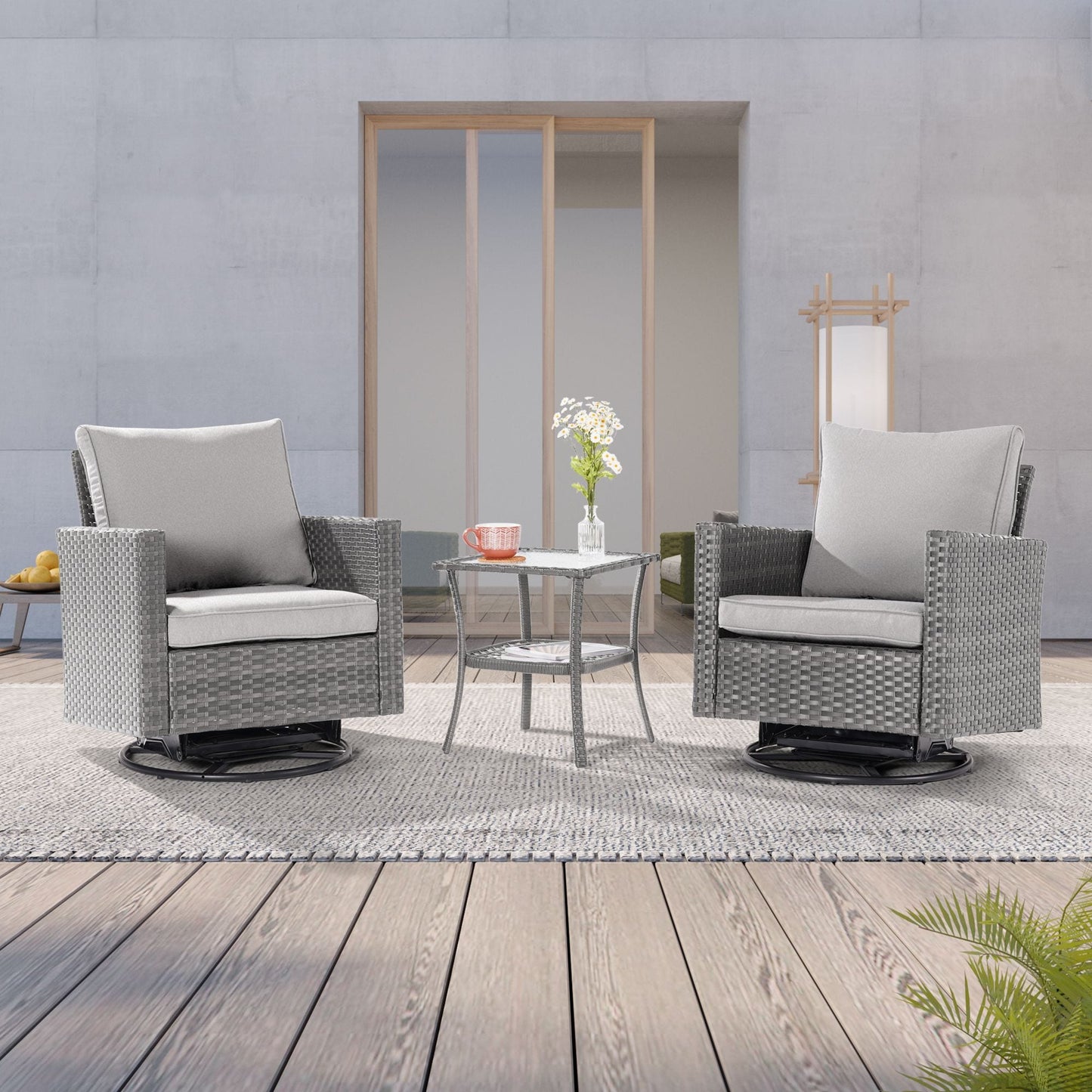 Sonkuki Swivel Rocking Chair 3 -Piece Rattan Patio Conversation Set with Gray Cushions