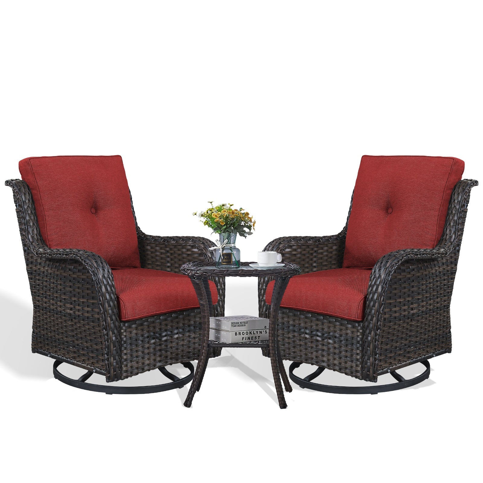 Rilyson Curved handrail Set of 2 Wicker Brown Wicker Frame Swivel glider Conversation Chair with Red Red Cushioned Seat