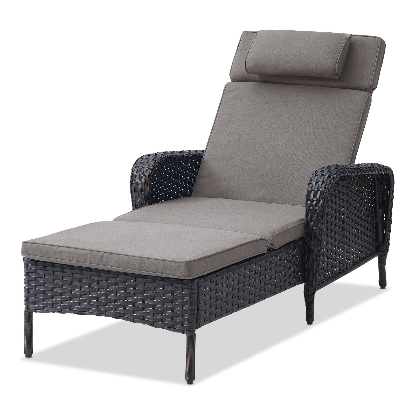 Rilyson Curved handrail Wicker Brown Wicker Frame Stationary Chaise Lounge Chair with Gray Gray Cushioned Seat