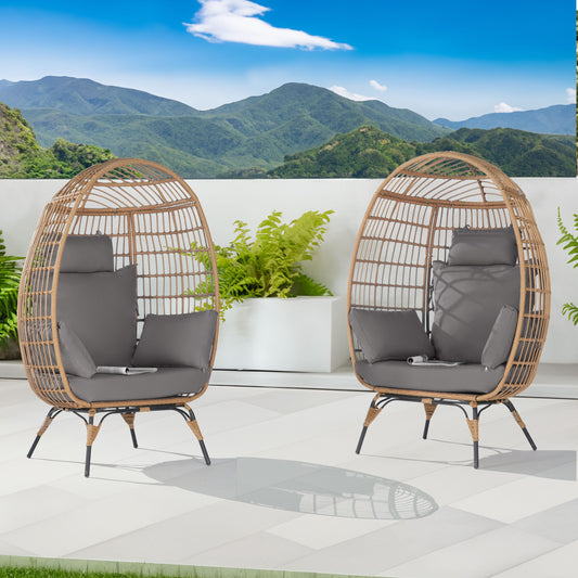 SANSTAR Patio Chairs Set of 2 Wicker Brown Metal Frame Stationary Egg Chair with Light gray 220gsm Polyester Cushioned Seat