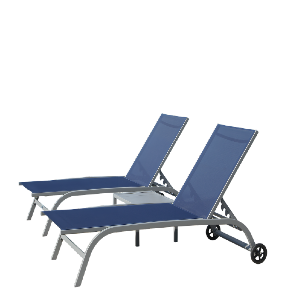 Clihome Chaise Lounge Outdoor Set 3 -Piece Woven Patio Conversation Set with Blue
